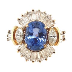 Bague cocktail rétro en or 6,77 carats certifiée, saphir bleu naturel et diamant 1960