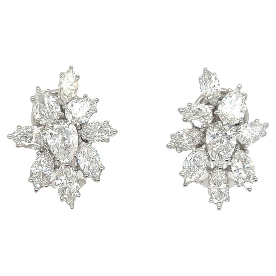 Retro Gold 7 Carat GIA Certified Natural Colorless Diamond Cluster Earrings 1950 For Sale