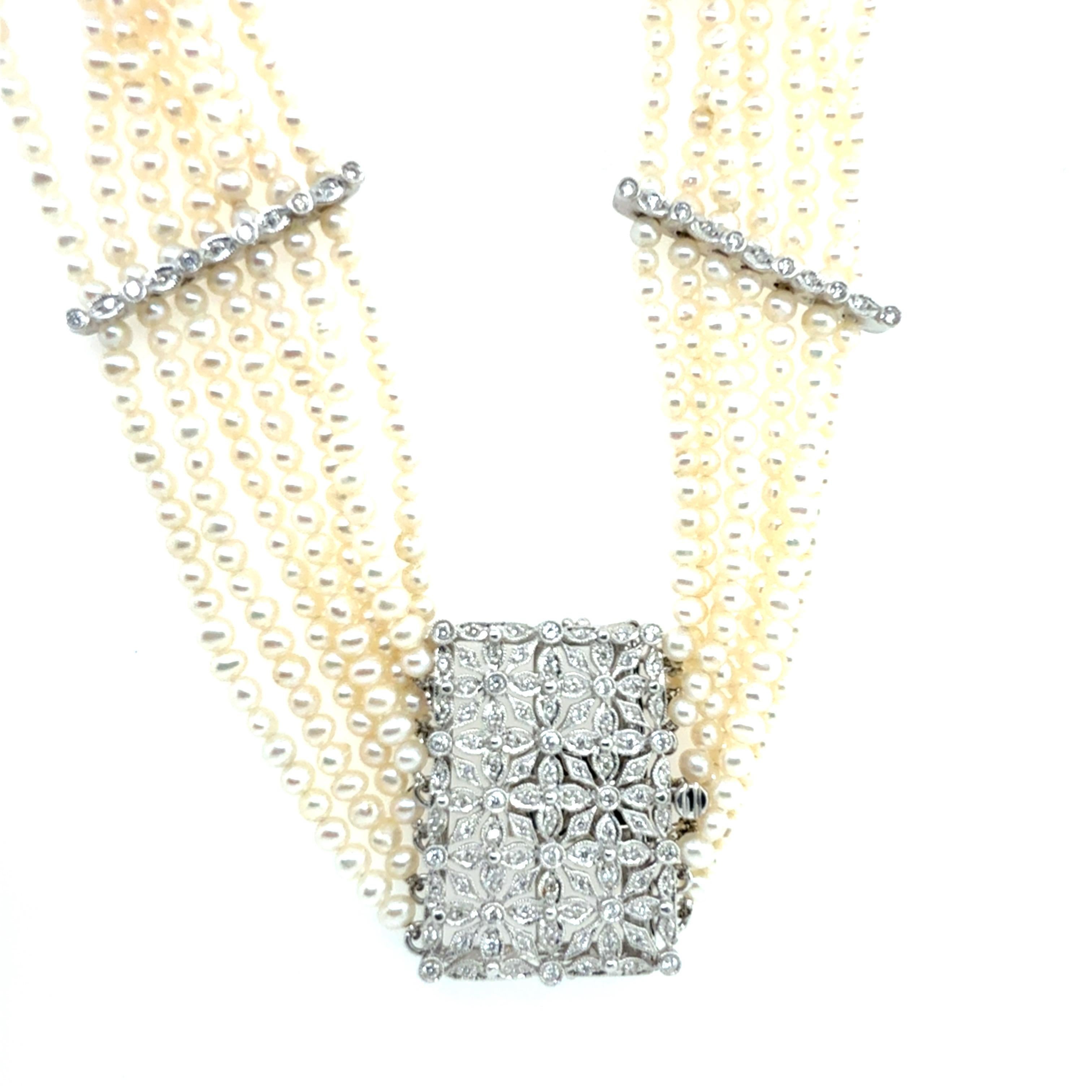 Rétro Collana girocollo in oro retrò a 7 fili con perle e diamanti naturali da 0,80 carati 1985 in vendita