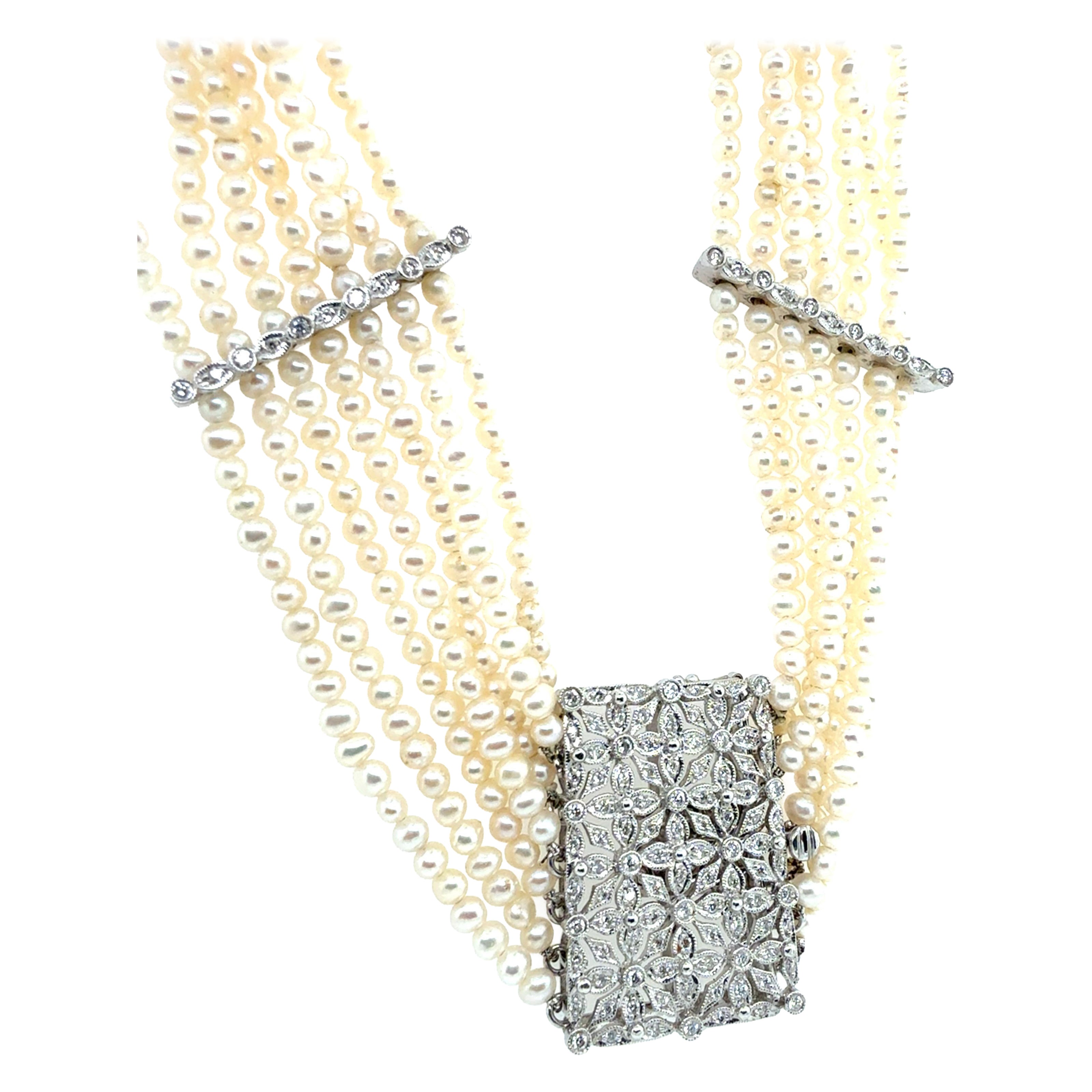 Collana girocollo in oro retrò a 7 fili con perle e diamanti naturali da 0,80 carati 1985 in vendita