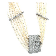 Retro Gold 7 Strand Pearl & 0.80 Carat Natural Diamond Choker Necklace 1985