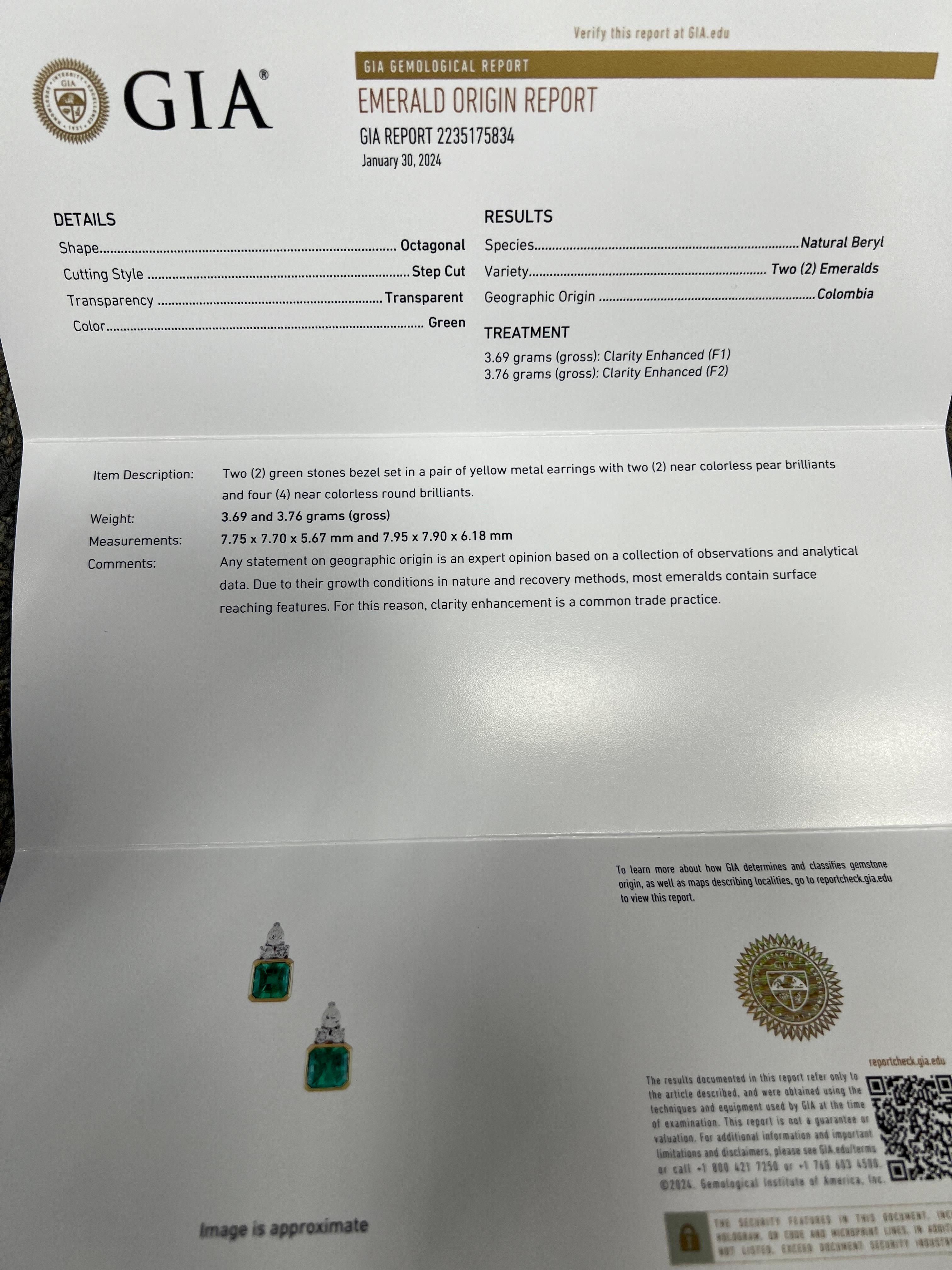 Retro Gold 7,25 Karat GIA zertifizierte natürliche kolumbianische Smaragd-Diamant-Ohrringe im Zustand „Gut“ im Angebot in Los Angeles, CA