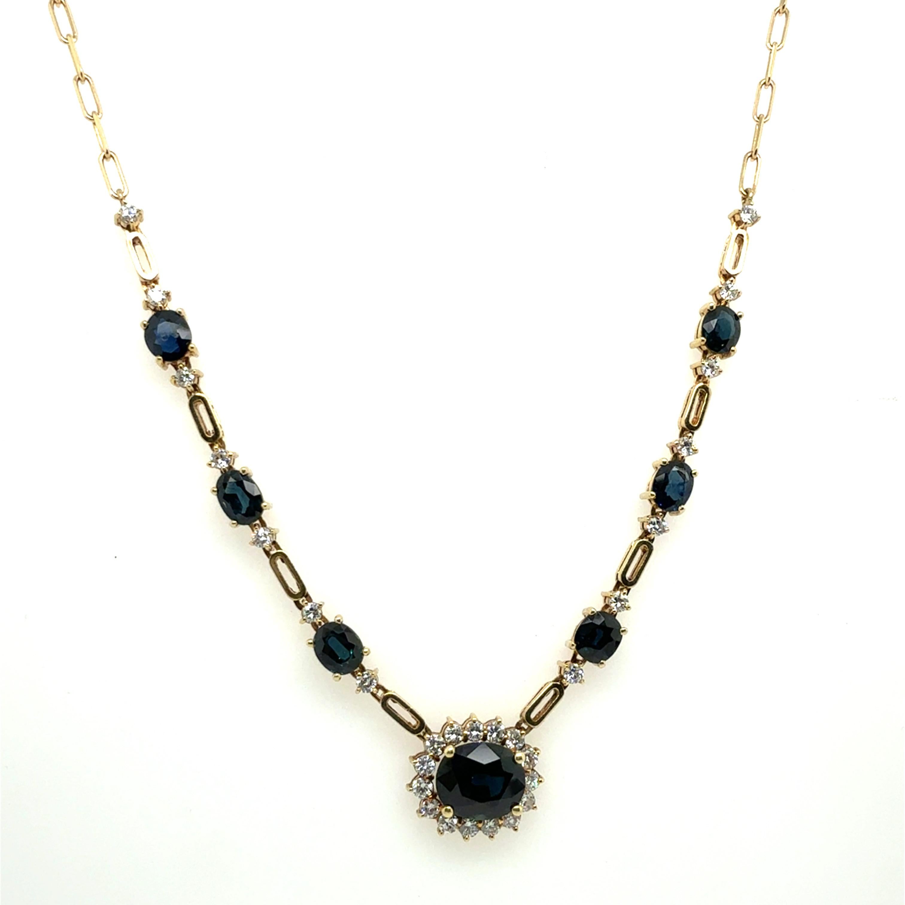 Collier en or rétro avec 7,55 carats de diamants naturels et saphir bleu royal Pour femmes en vente