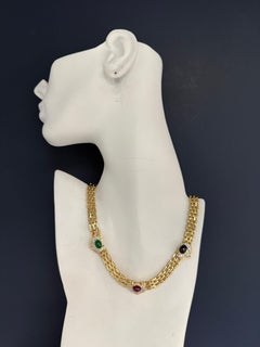 Retro Gold 8 Carat Natural Diamond and Multicolor Cabochon Statement Necklace