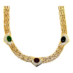 Collar de Oro Retro con Diamante Natural de 8 Quilates y Cabujón Multicolor