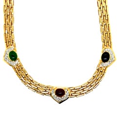 Collar de Oro Retro con Diamante Natural de 8 Quilates y Cabujón Multicolor