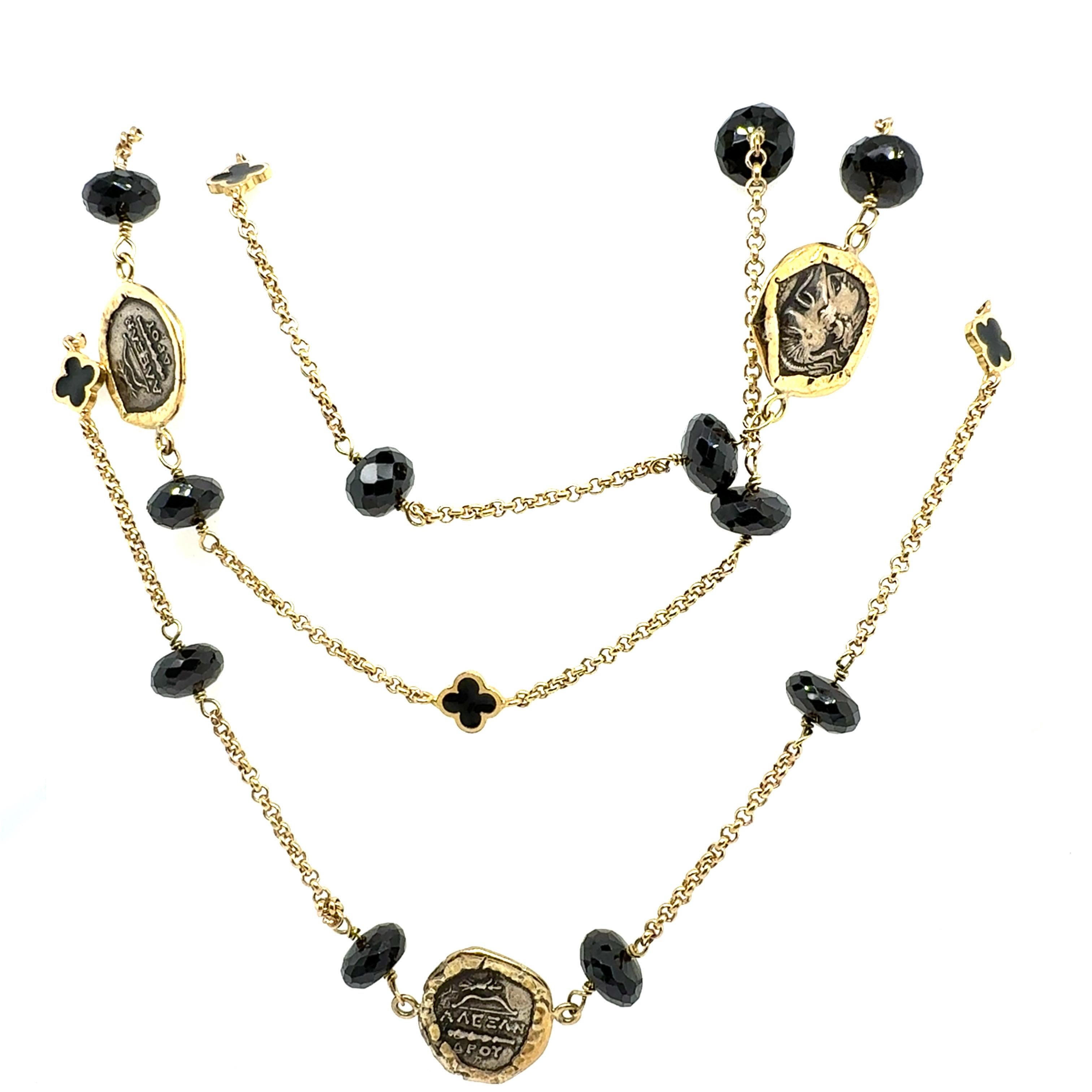 Perle Retro Gold Ancient Greek Helios Coin 36 Inch Statement Necklace by Misento en vente