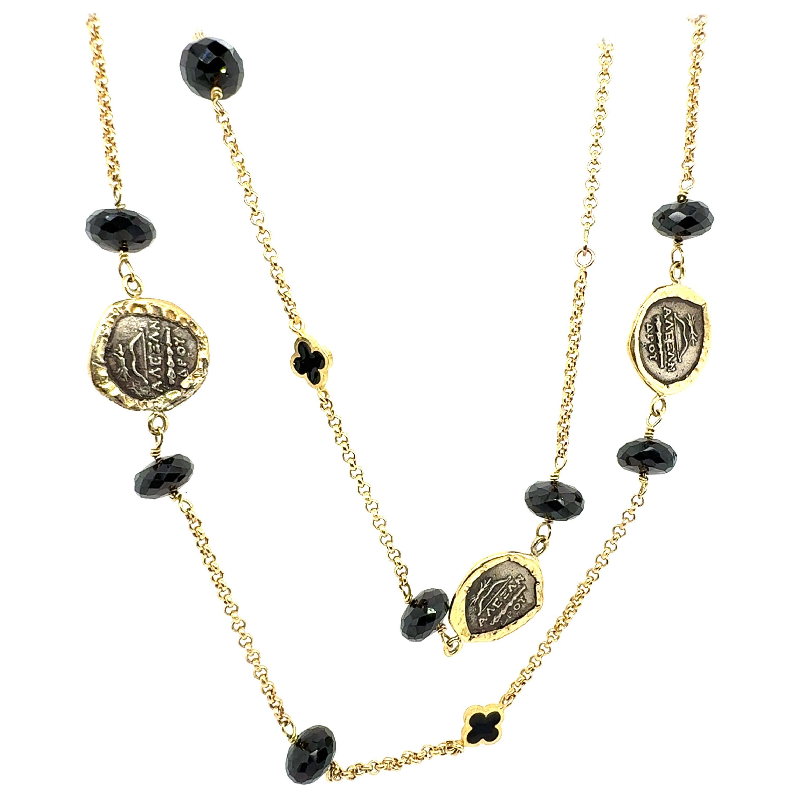 Retro Gold Ancient Greek Helios Coin 36 Inch Statement Necklace by Misento
