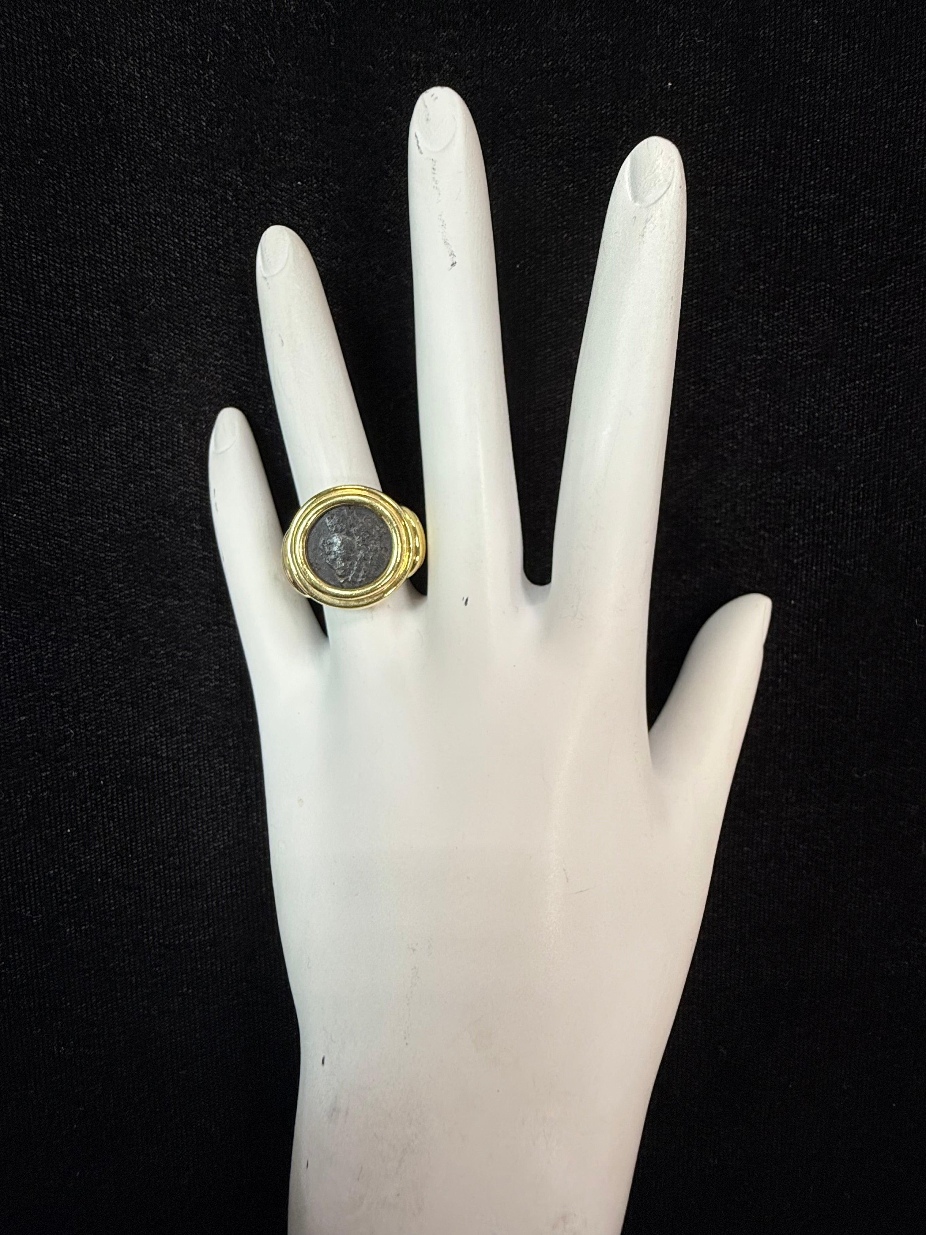 Retro Gold Ancient Roman Coin Theodosius Made in Italy Statement Ring For Sale 3