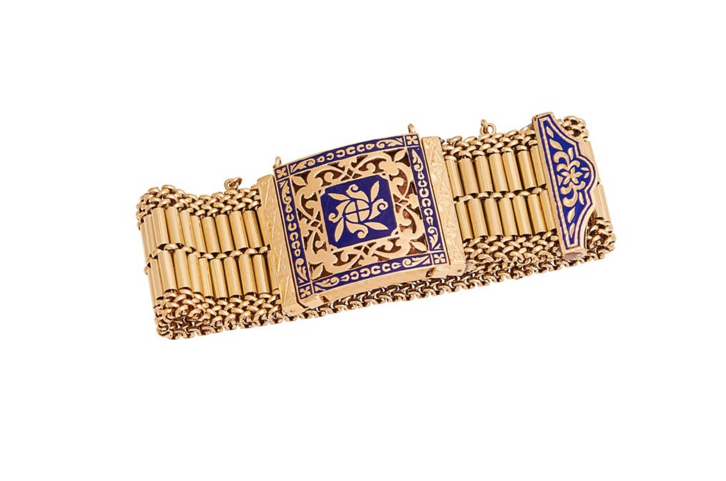 Women's Retro Gold and Blue Enamel Buckle Bracelet For Sale