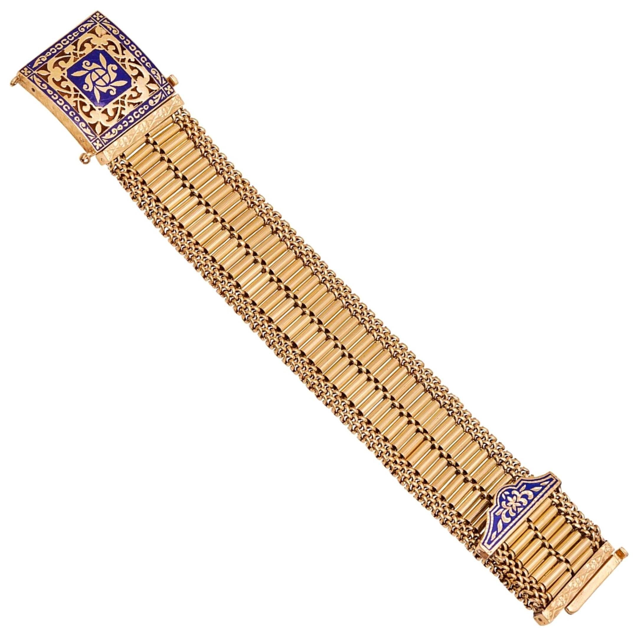 Retro Gold and Blue Enamel Buckle Bracelet For Sale