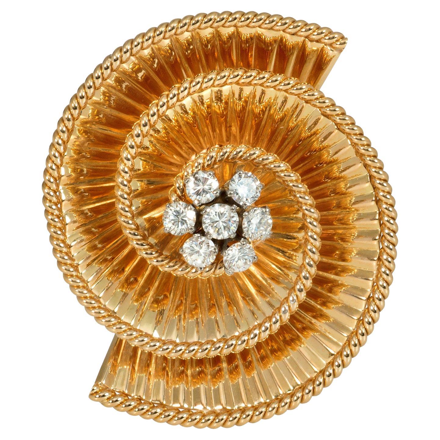 Retro Gold and Diamond Concentric Swirl Clip Brooch