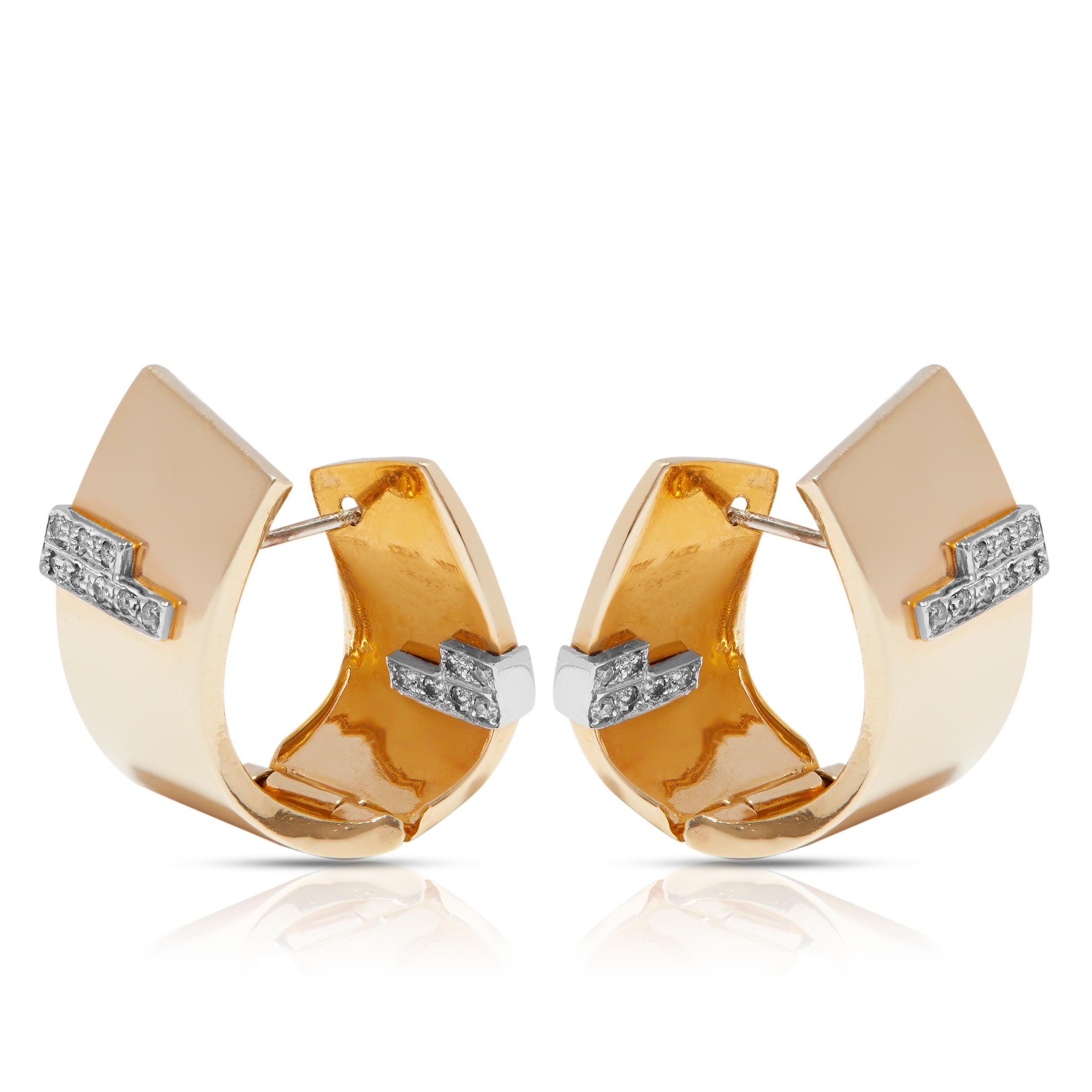 Women's or Men's Italian Hinged Retro Earrings Stylized In 14ct Gold And Diamonds For Sale