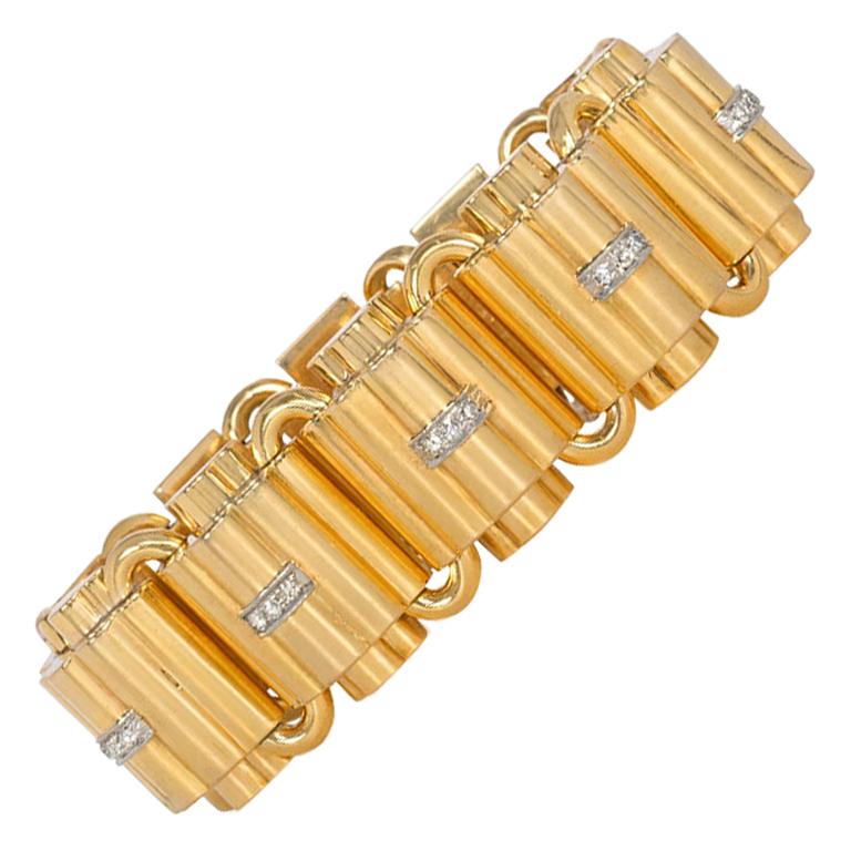 Retro Gold and Diamond Tank Bracelet with Domed Links