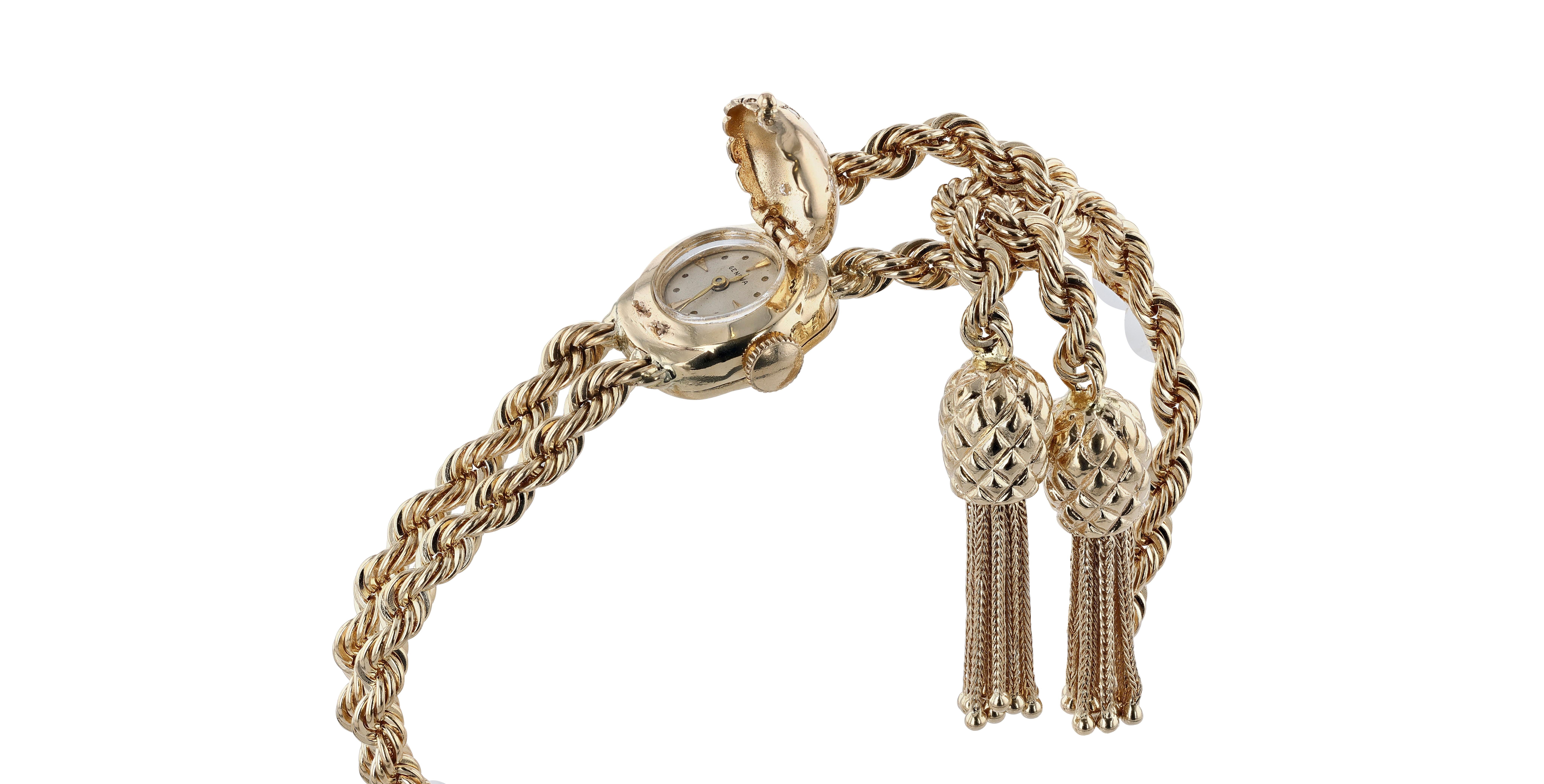 Round Cut Retro Gold and Diamond Tassel Bracelet Watch (Not Functioning) For Sale