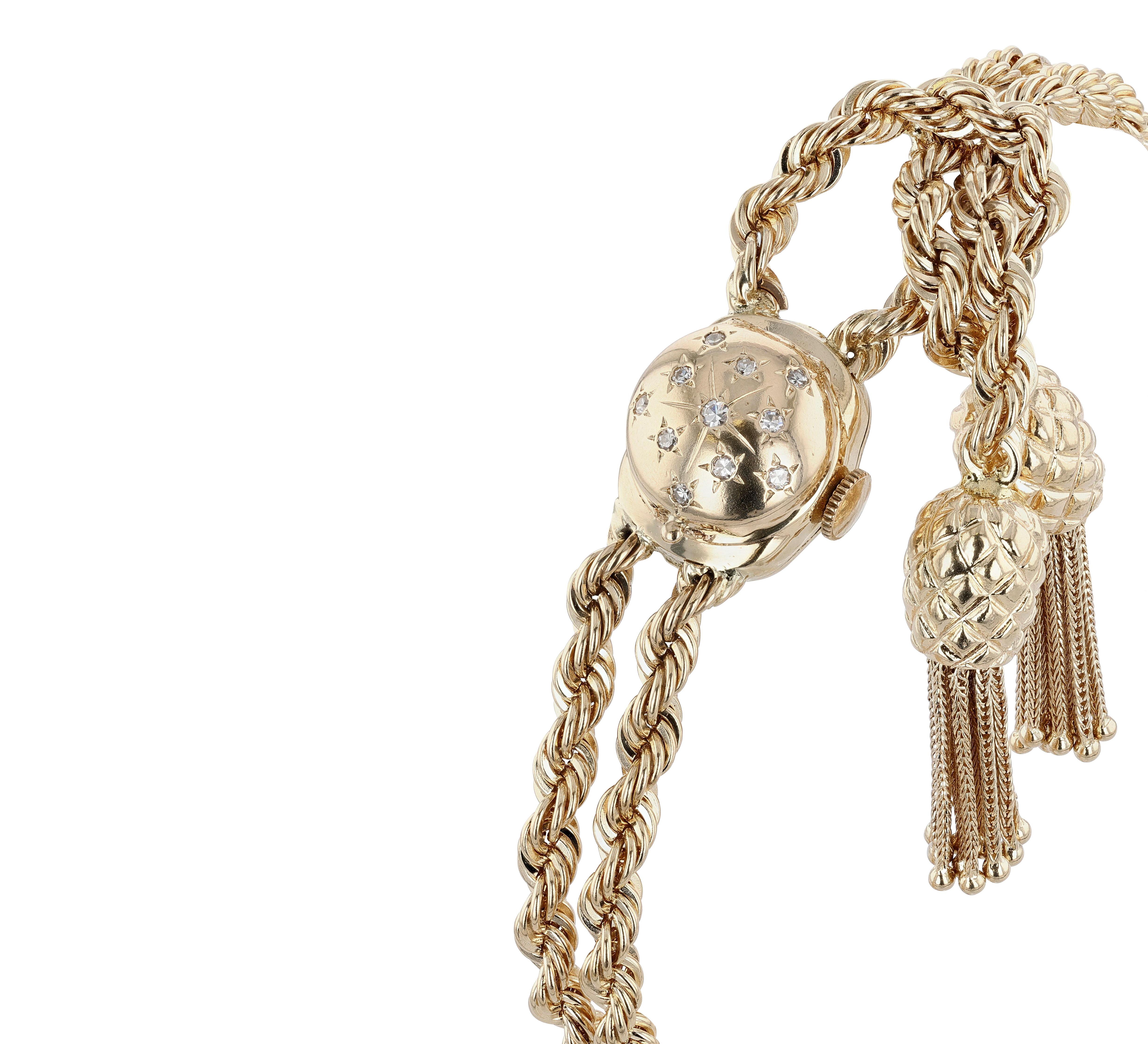 Retro Gold and Diamond Tassel Bracelet Watch (Not Functioning) In Good Condition For Sale In Princeton, NJ