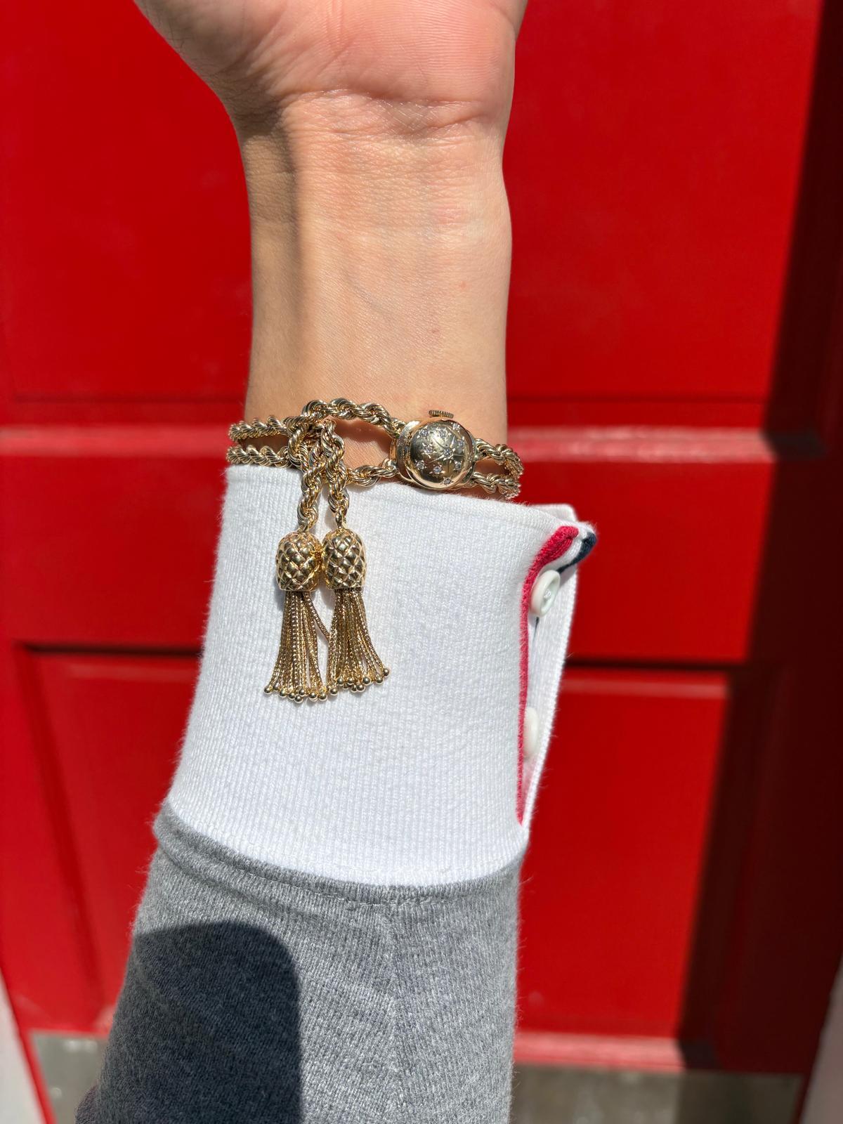 Retro Gold and Diamond Tassel Bracelet Watch (Not Functioning) For Sale 4