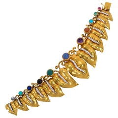 Retro Gold and Multi-Gemstone Bracelet of Graduated Vine Leaf Motif Links