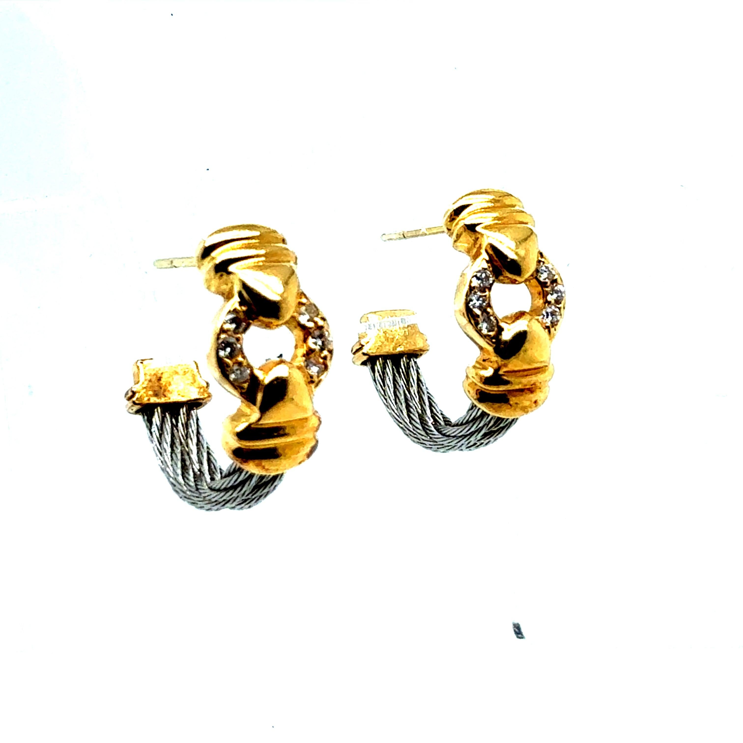 Retro-Ohrringe aus Gold und Stahl mit natürlichen Diamanten von Philippe Charriol (Rundschliff) im Angebot