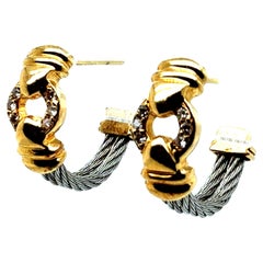 Retro Gold and Natural Diamond Steel Cable Earrings by Philippe Charriol