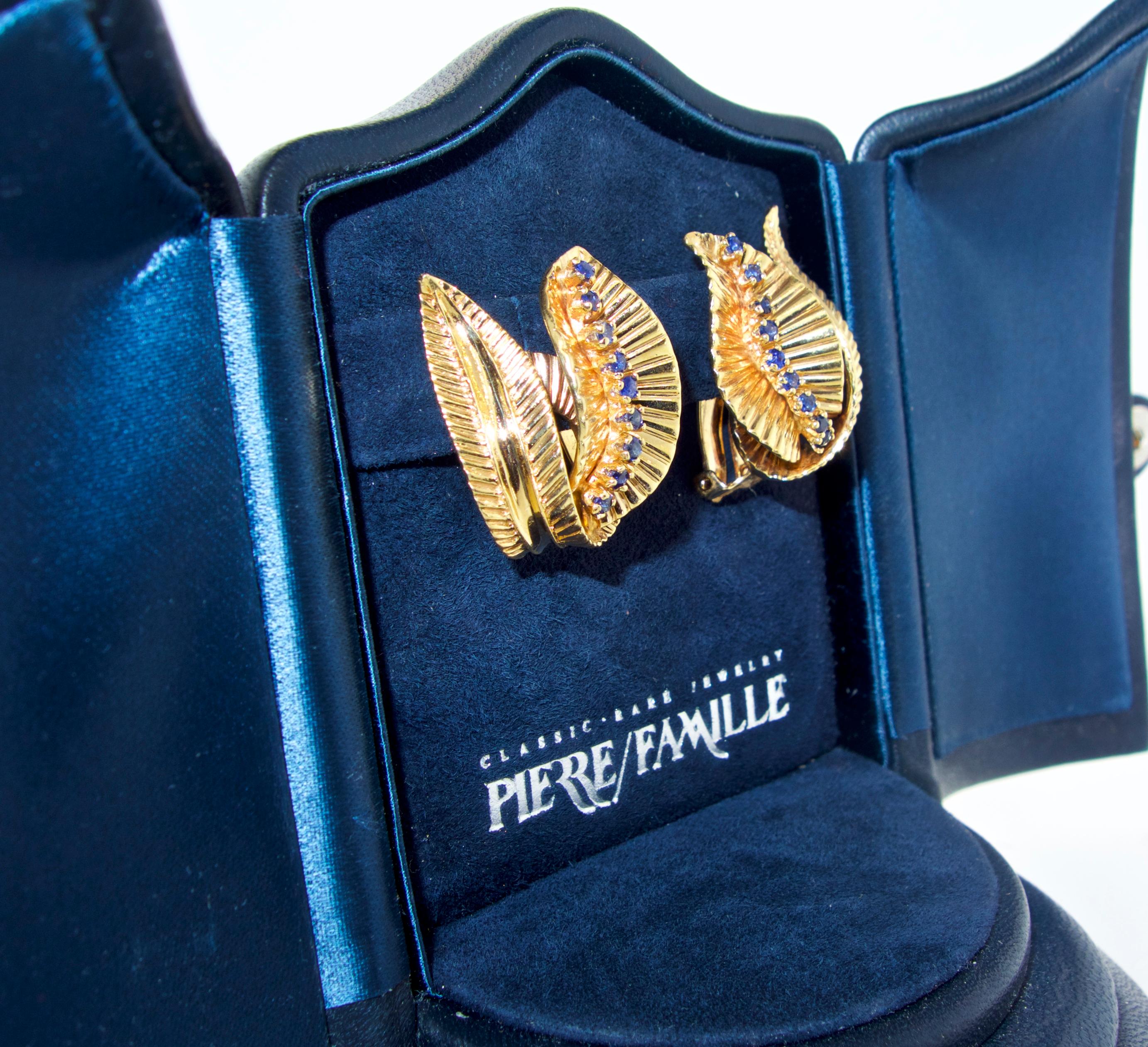 Women's or Men's Retro Gold and Sapphire Earrings, circa 1950
