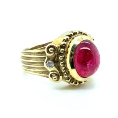 Retro Gold Appx 1.35 Carat Natural Pink Tourmaline & Diamond Statement Ring