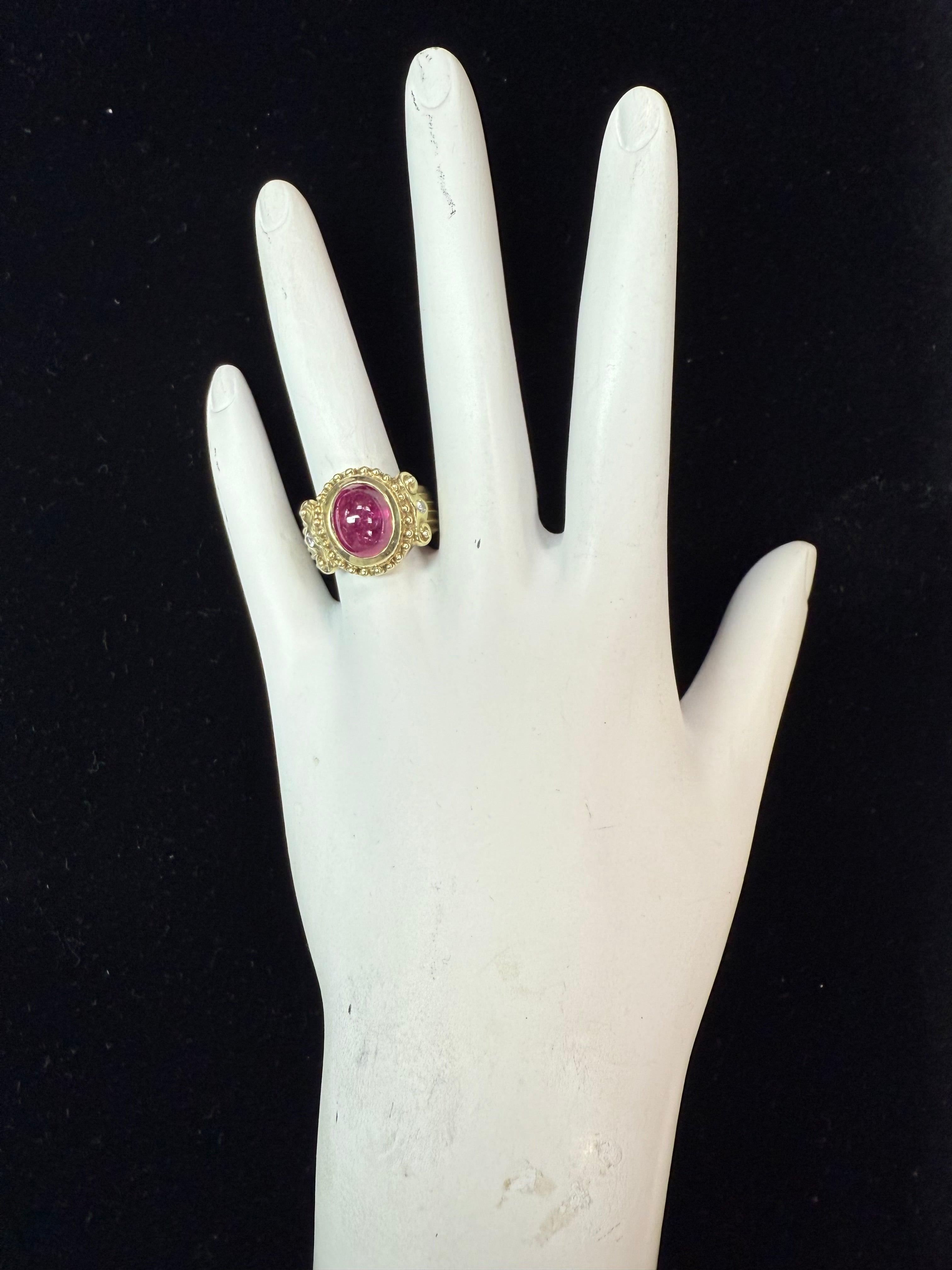 Cabochon Retro Gold Appx 1.35 Carat Natural Pink Tourmaline & Diamond Statement Ring For Sale