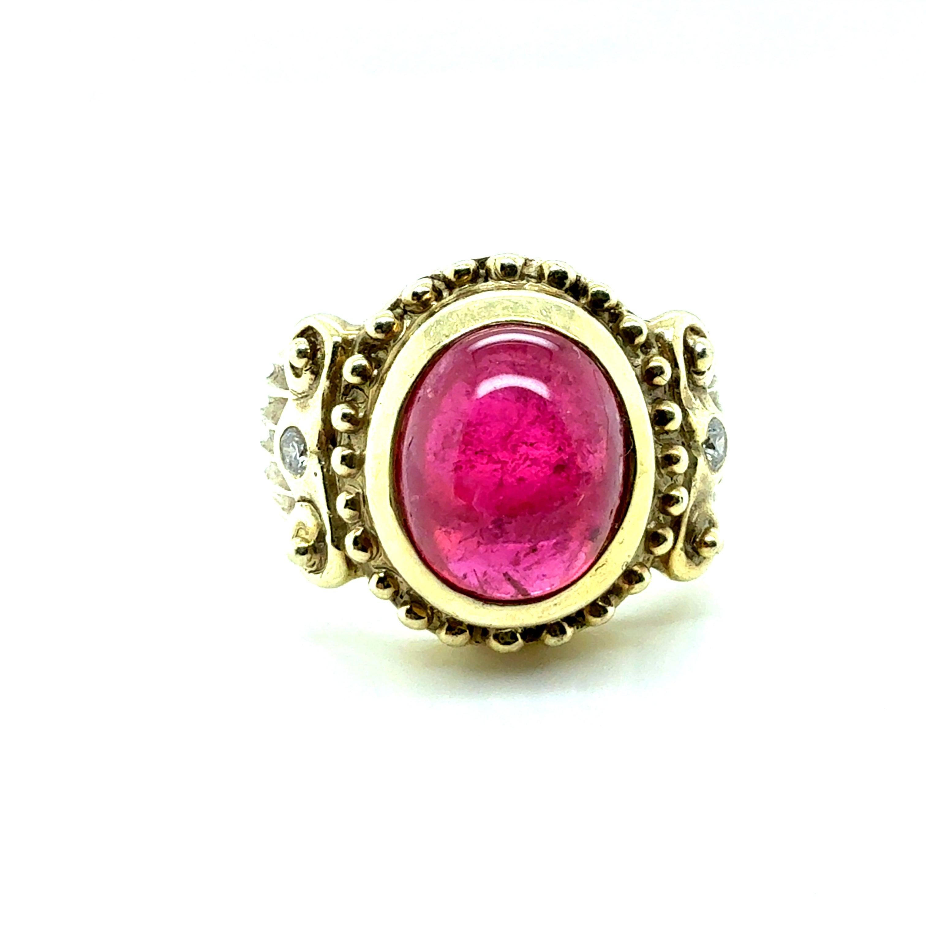 Retro Gold Appx 1.35 Carat Natural Pink Tourmaline & Diamond Statement Ring For Sale 1