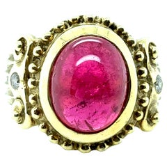 Retro Gold Appx 1.35 Carat Natural Pink Tourmaline & Diamond Statement Ring