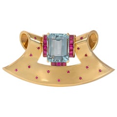 Vintage Gold, Aquamarine, and Ruby Fan-Shaped Clip Brooch