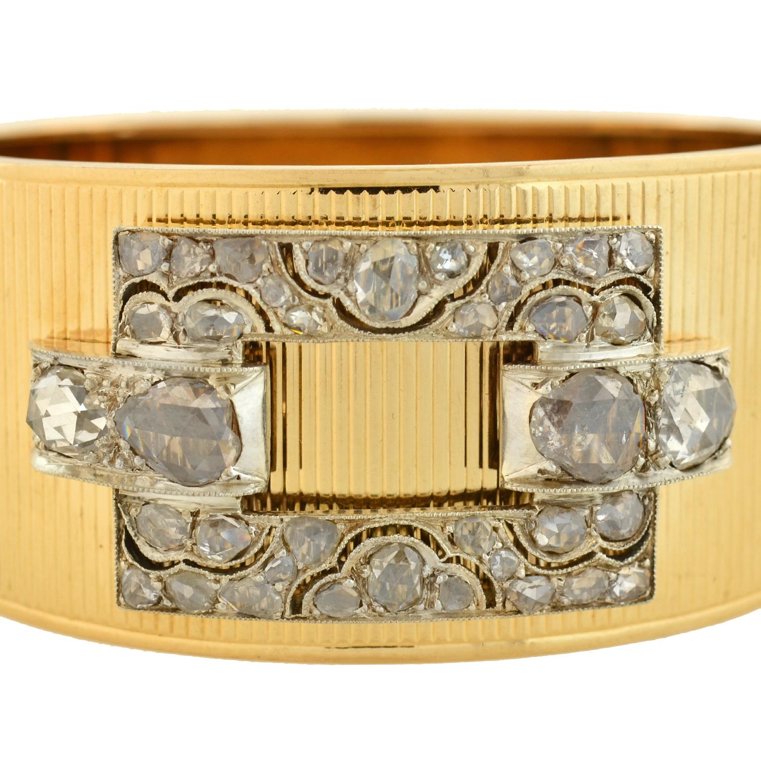 Retro Gold Bangle Bracelet with Victorian Era Rose Cut Diamond Buckle Front 3
