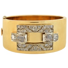 Retro Gold Bangle Bracelet with Victorian Era Rose Cut Diamond Buckle Front