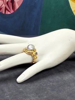 Retro Gold Baroque Gray Pearl Amethyst & Peridot Statement Ring Circa 2000