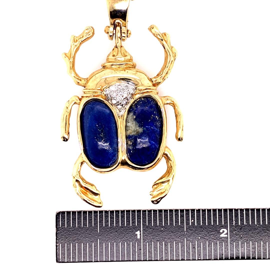 Round Cut Retro Gold Beetle Pendant Natural Lapis Lazuli and 0.25 Carat Diamond Necklace For Sale