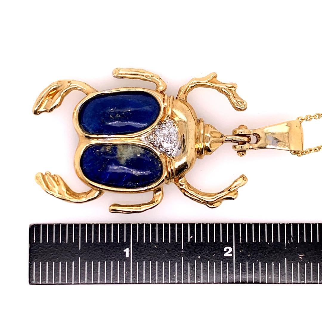 Retro Gold Beetle Pendant Natural Lapis Lazuli and 0.25 Carat Diamond Necklace In Good Condition For Sale In Los Angeles, CA