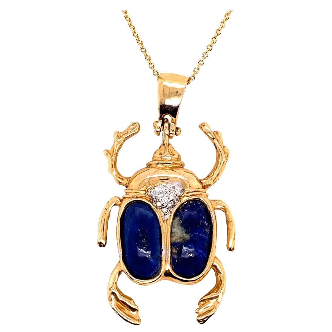 Retro Gold Beetle Pendant Natural Lapis Lazuli and 0.25 Carat Diamond Necklace
