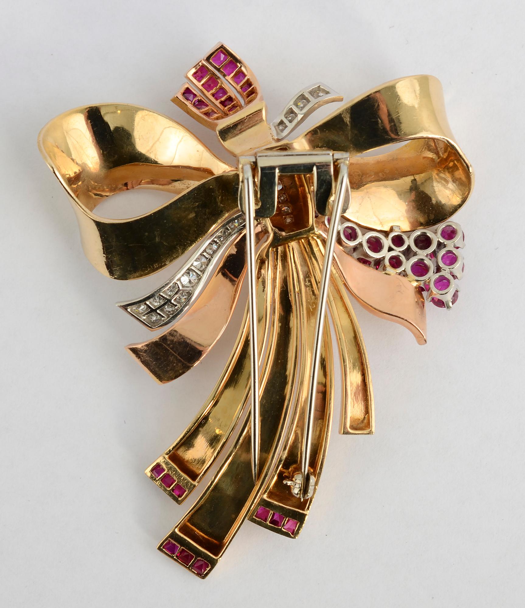 Women's or Men's Retro Gold Bow Brooch with Rubies and Diamonds