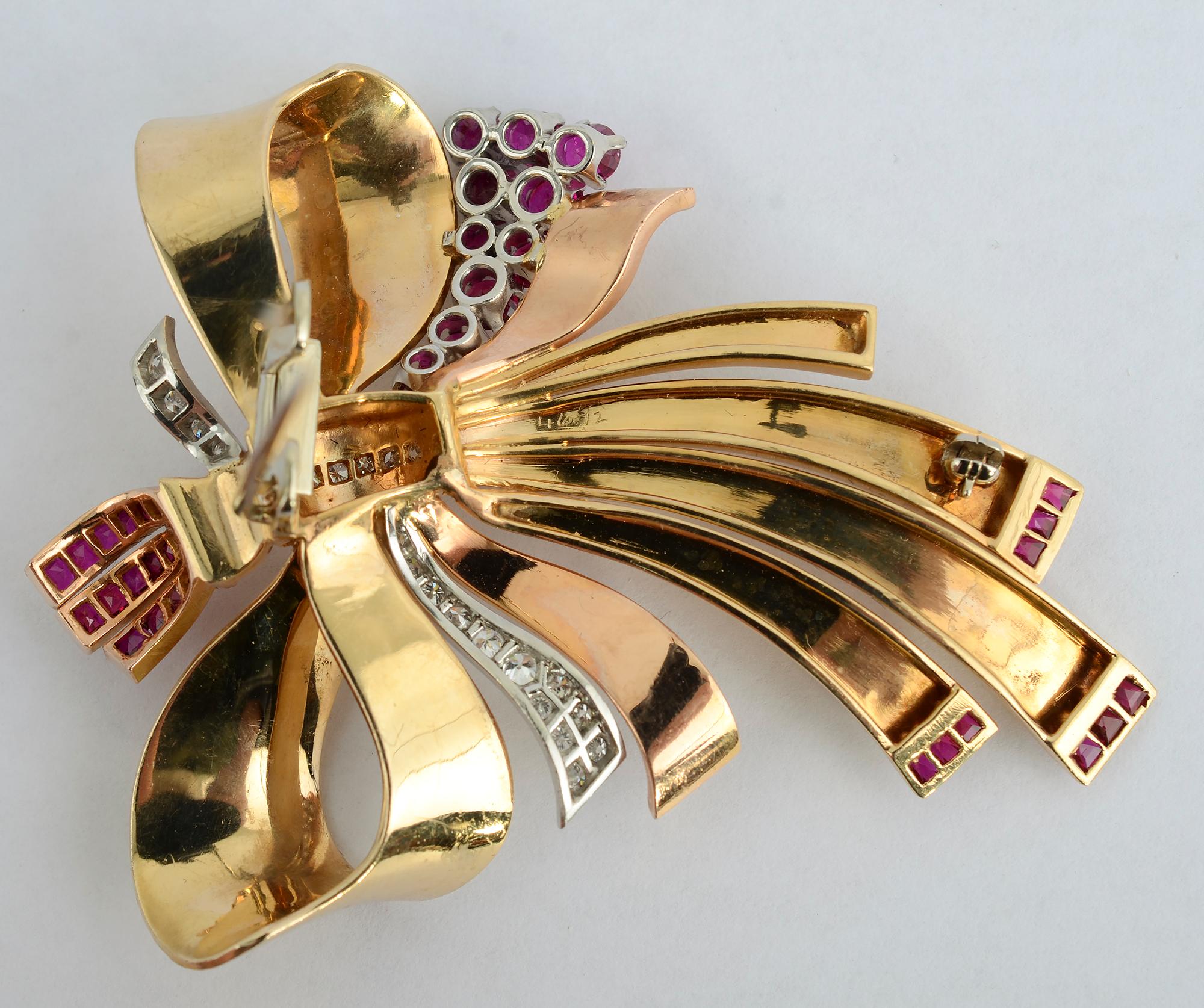 Retro Gold Bow Brooch with Rubies and Diamonds 1