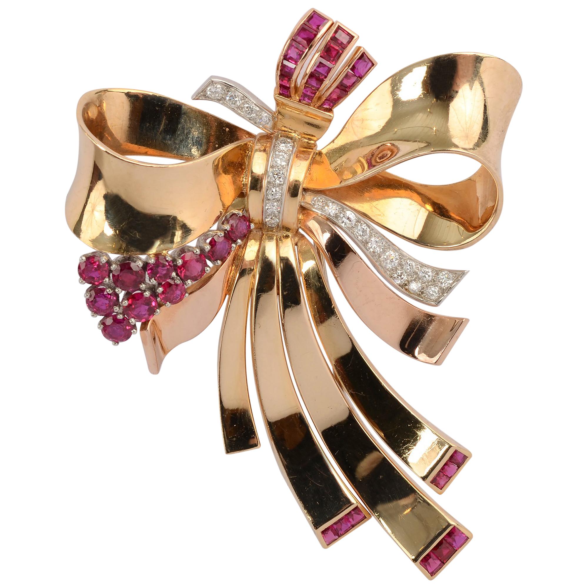 Retro Gold Bow Brooch with Rubies and Diamonds