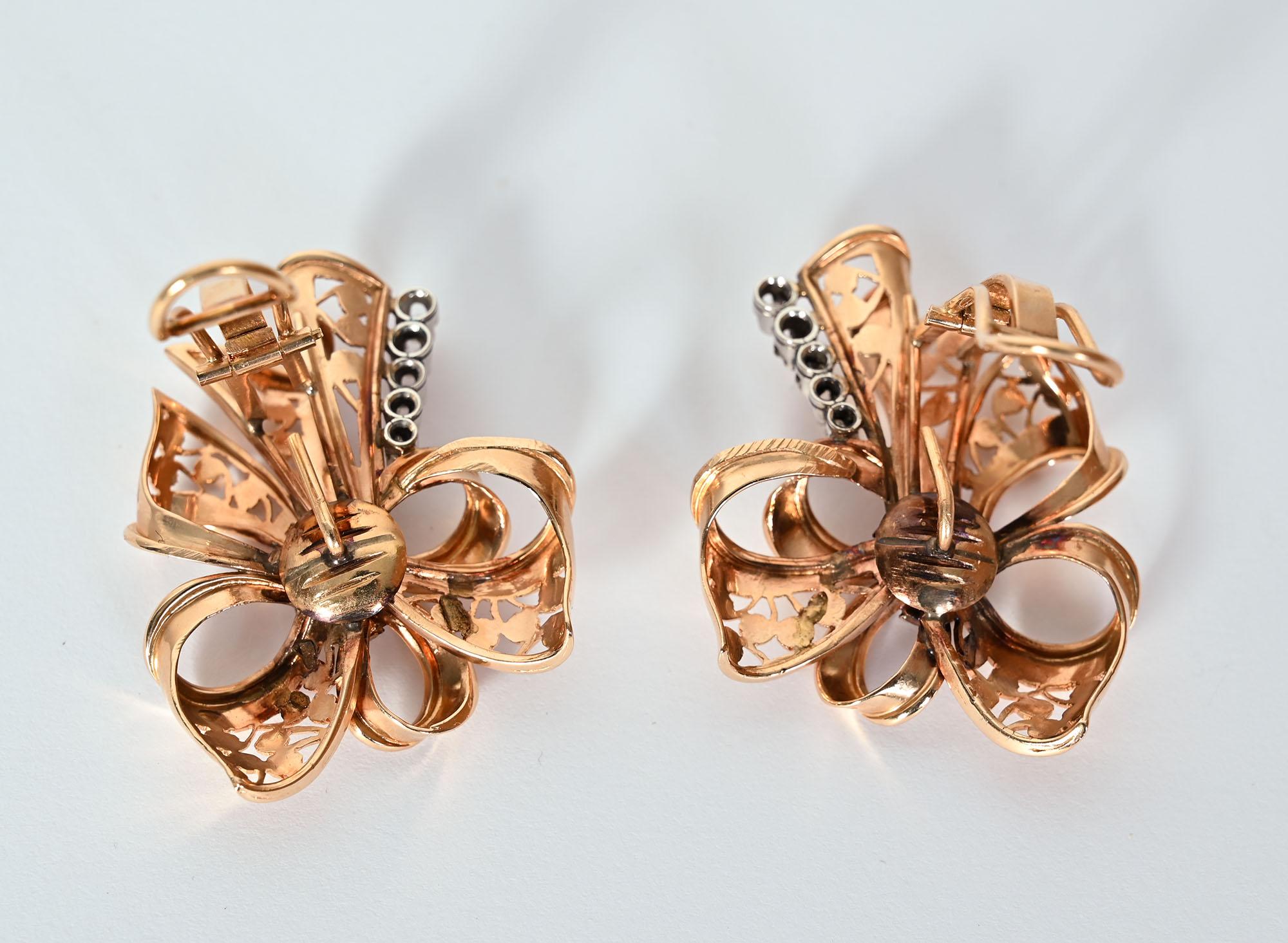 Single Cut Retro Gold Bow Earrings with Diamonds For Sale