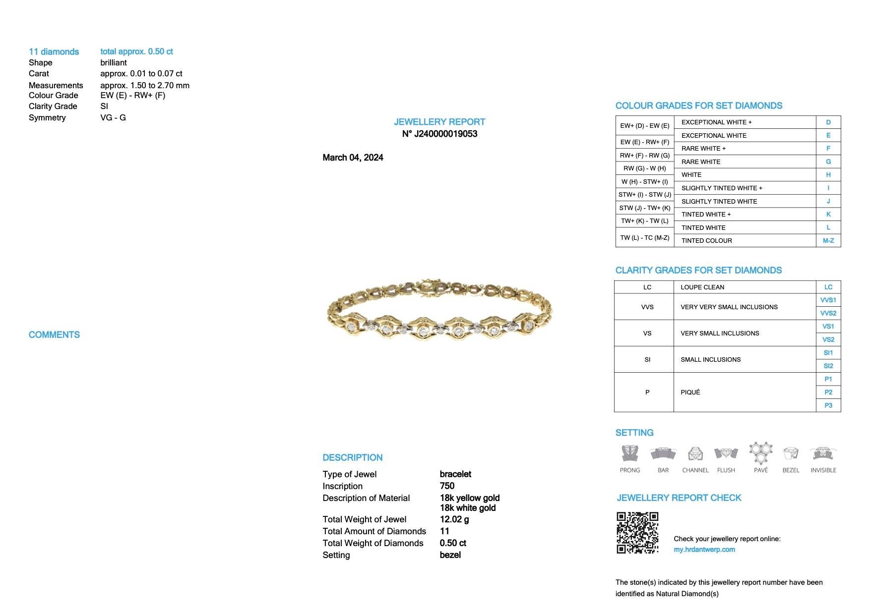 Le bracelet rétro en or avec diamants, certifié HRD, est un superbe bijou qui allie le charme rétro à l'élégance moderne. Fabriqué en or jaune et blanc 18 carats, ce bracelet respire la sophistication et le luxe, ce qui en fait un accessoire