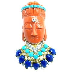 Retro Gold Buddha Turquoise Lapis & Coral Brooch-Pin Circa 1950