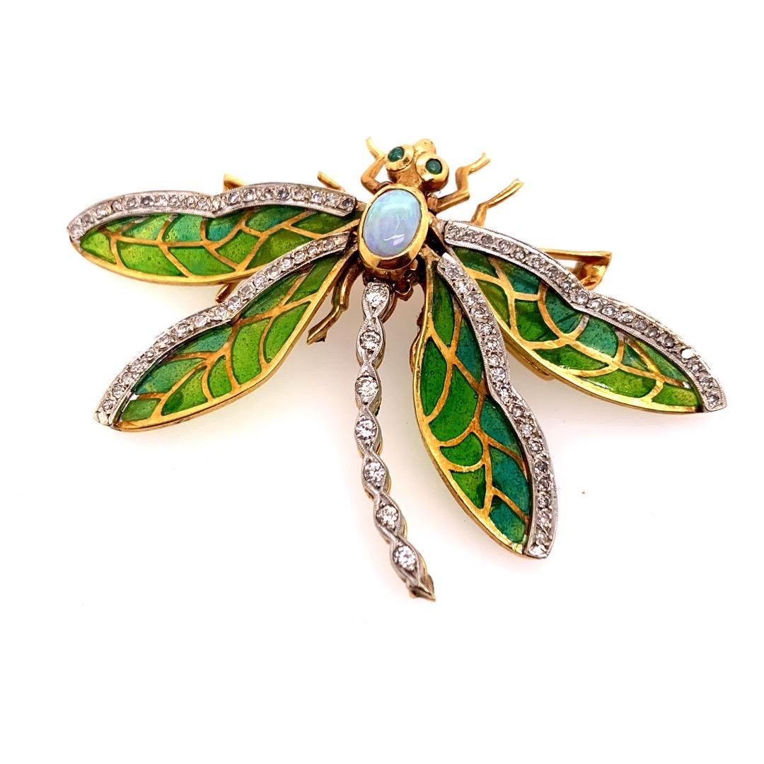 Women's Retro Gold Butterfly 2.35 Carat Natural Diamond, Gem Opal & Enamel Brooche, 1960 For Sale