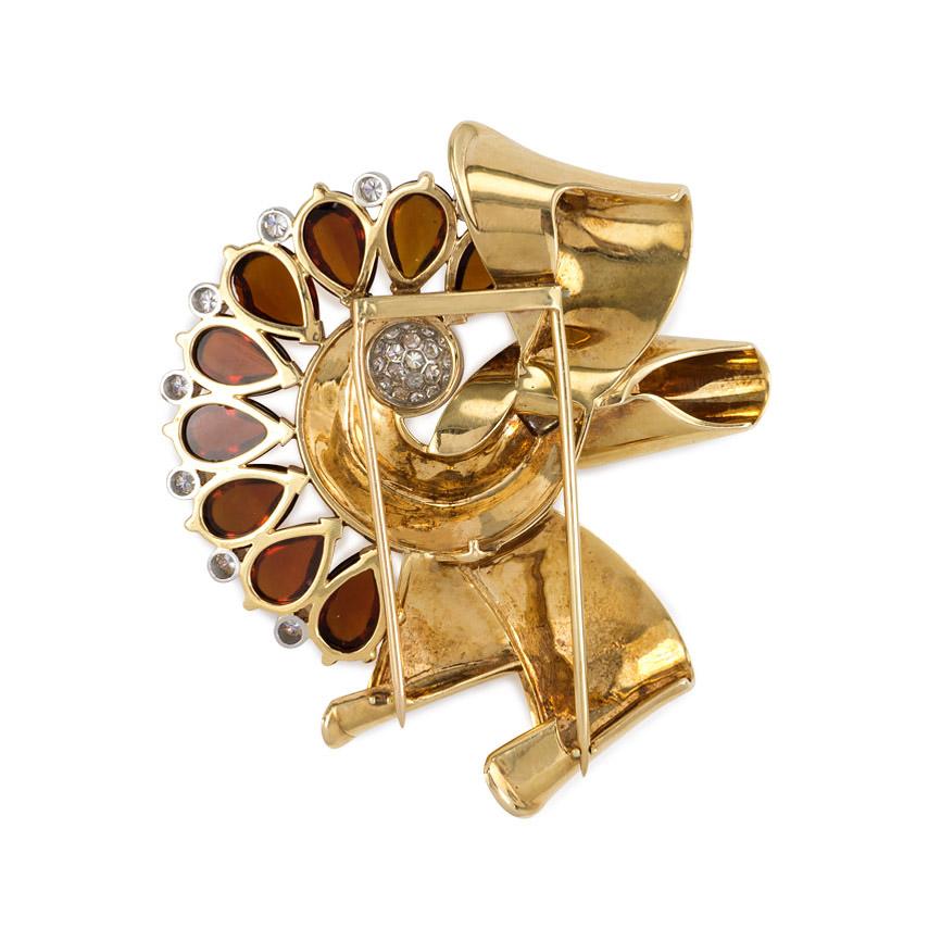Retro Gold, Cabochon Citrine, and Diamond Stylized Bow Brooch In Good Condition For Sale In New York, NY