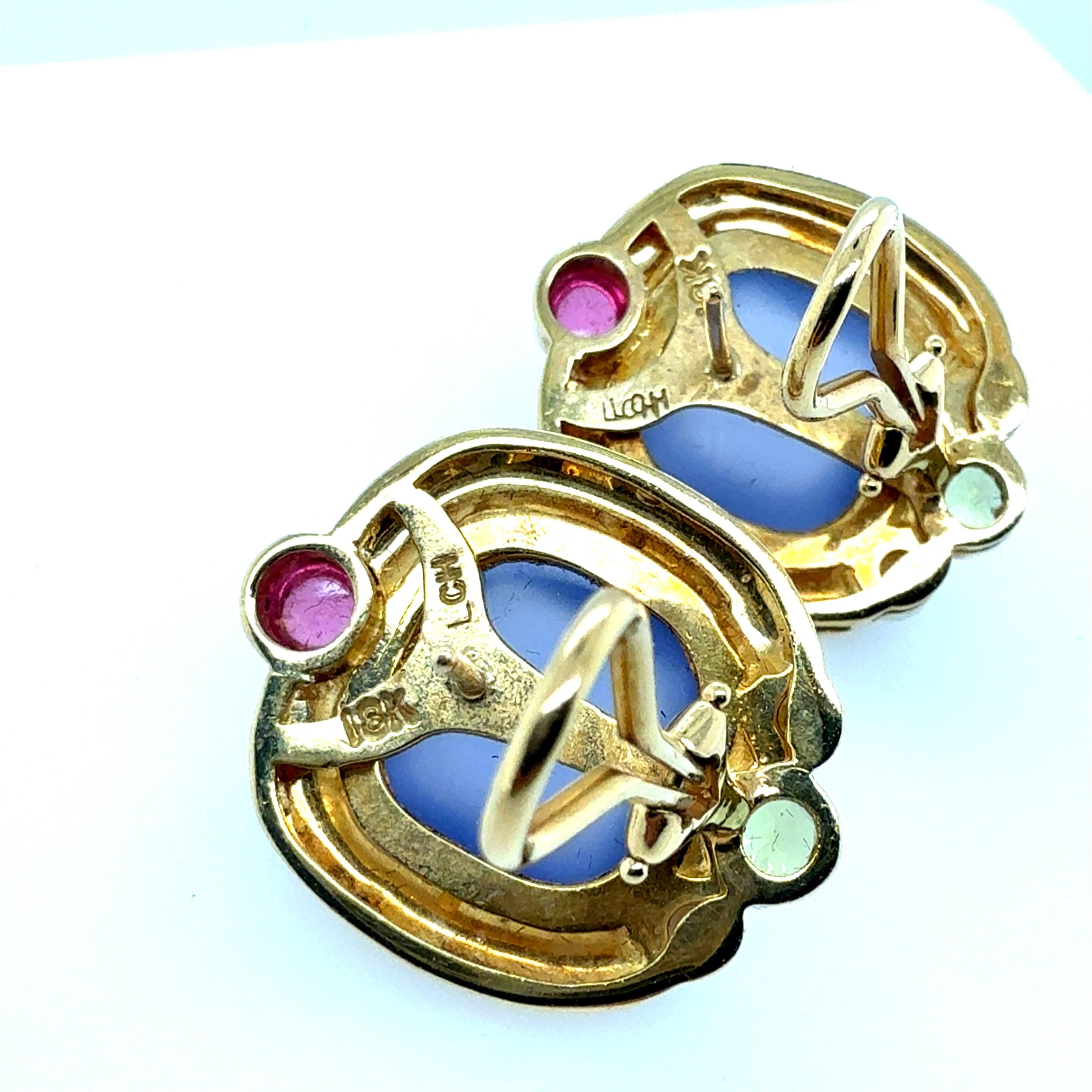 Orecchini cabochon in oro retrò con calcedonio, tormalina e peridoto In condizioni buone in vendita a Los Angeles, CA