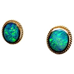 Retro Gold Cabochon Shaped Opal Statement Earrings Circa 1980