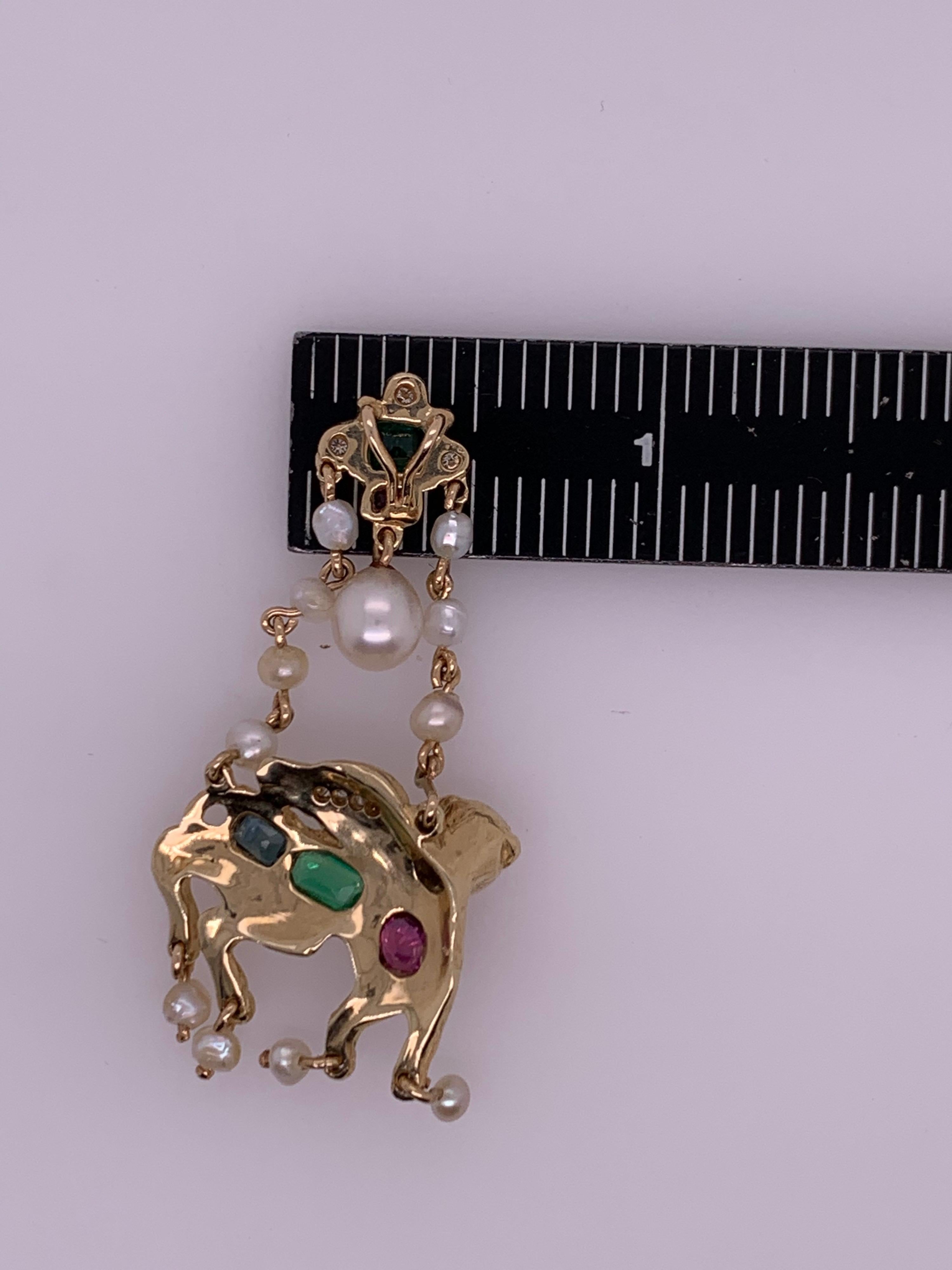 Retro Gold Camel Pendant 1.75 Carat Natural Diamond Ruby Emerald, Sapphire, 1960 For Sale 3