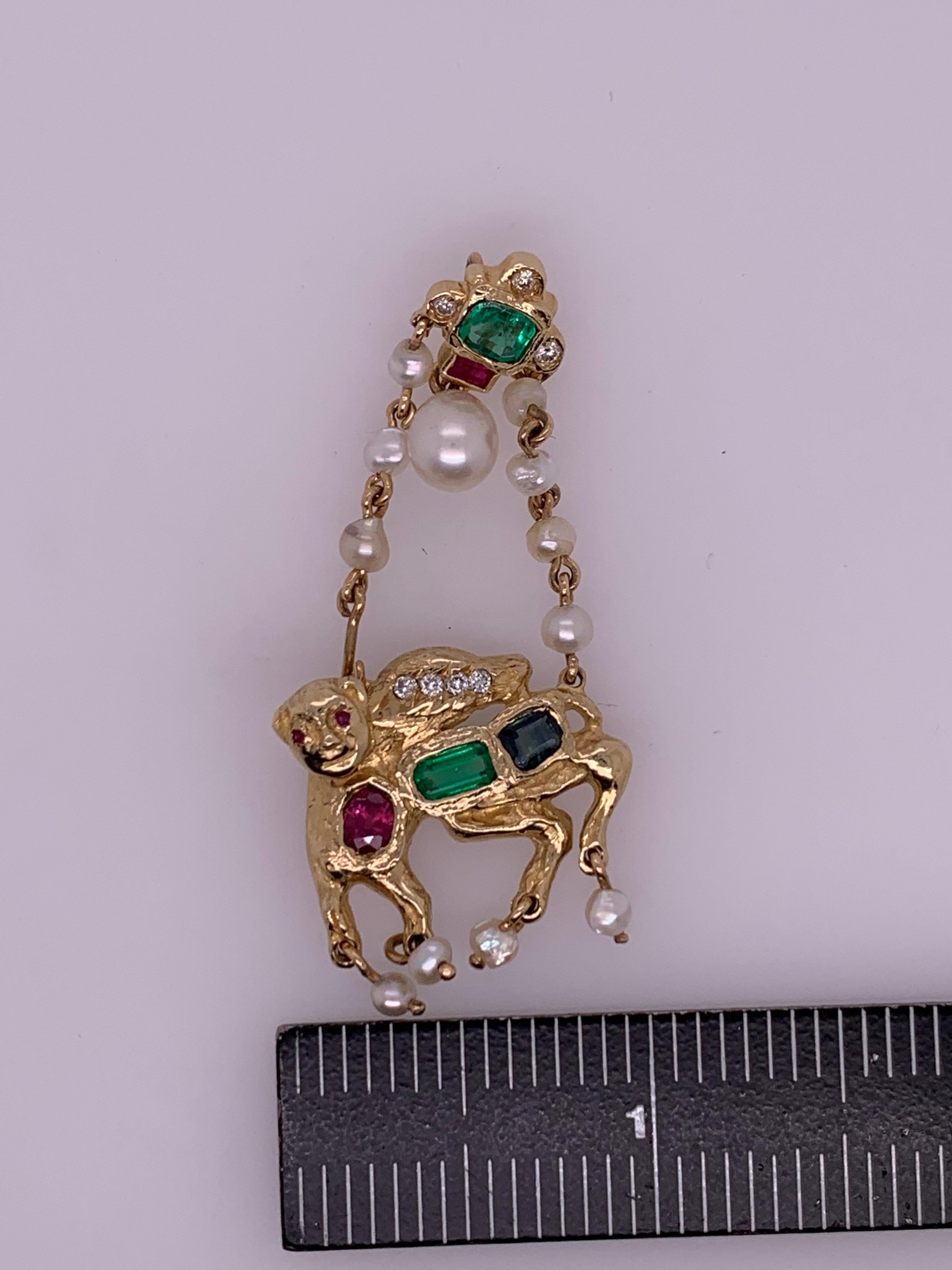 Pendentif rétro en or couleur camel avec diamant naturel de 1,75 carat, rubis, émeraude et saphir, 1960 en vente 5