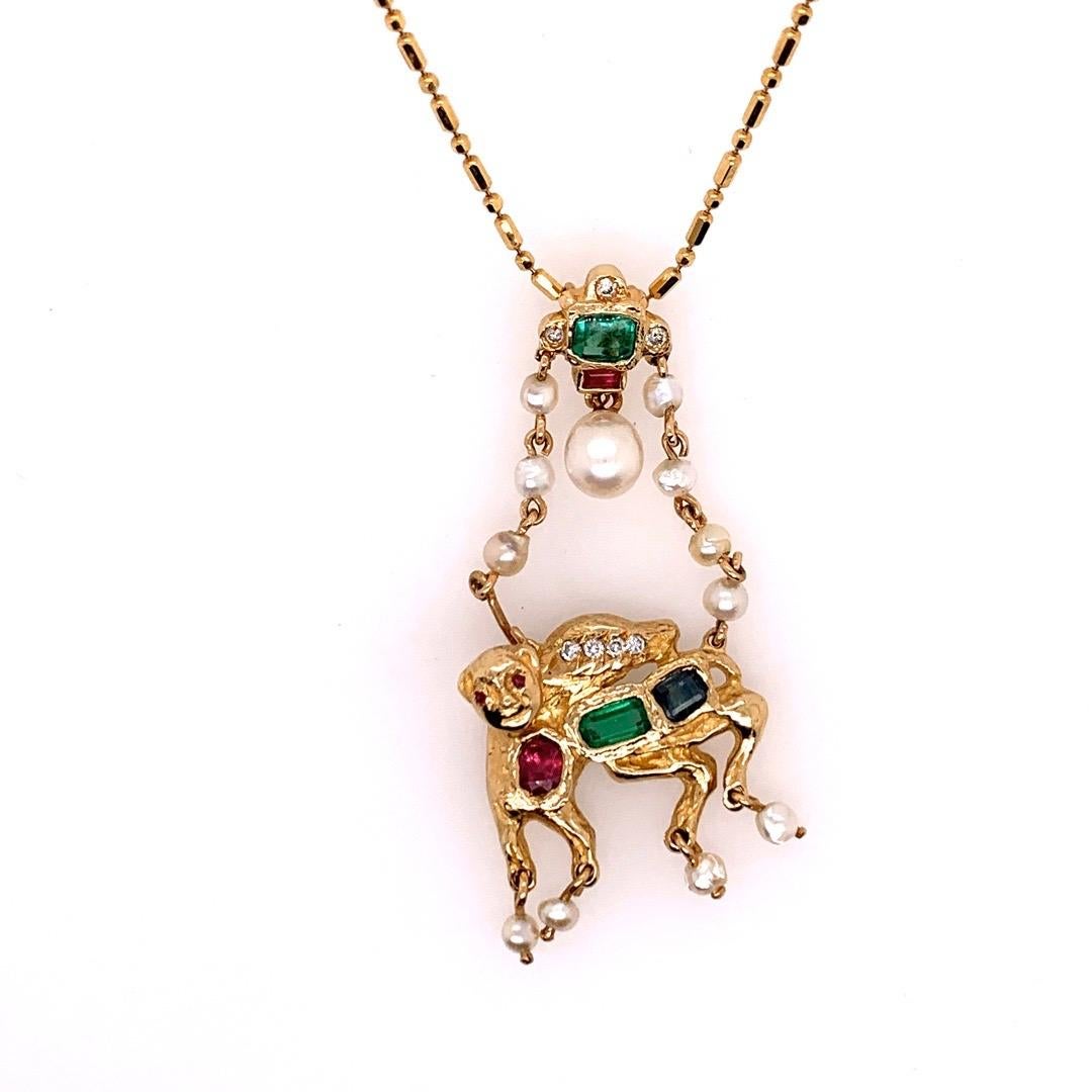 Retro Gold Camel Pendant 1.75 Carat Natural Diamond Ruby Emerald, Sapphire, 1960 For Sale 1