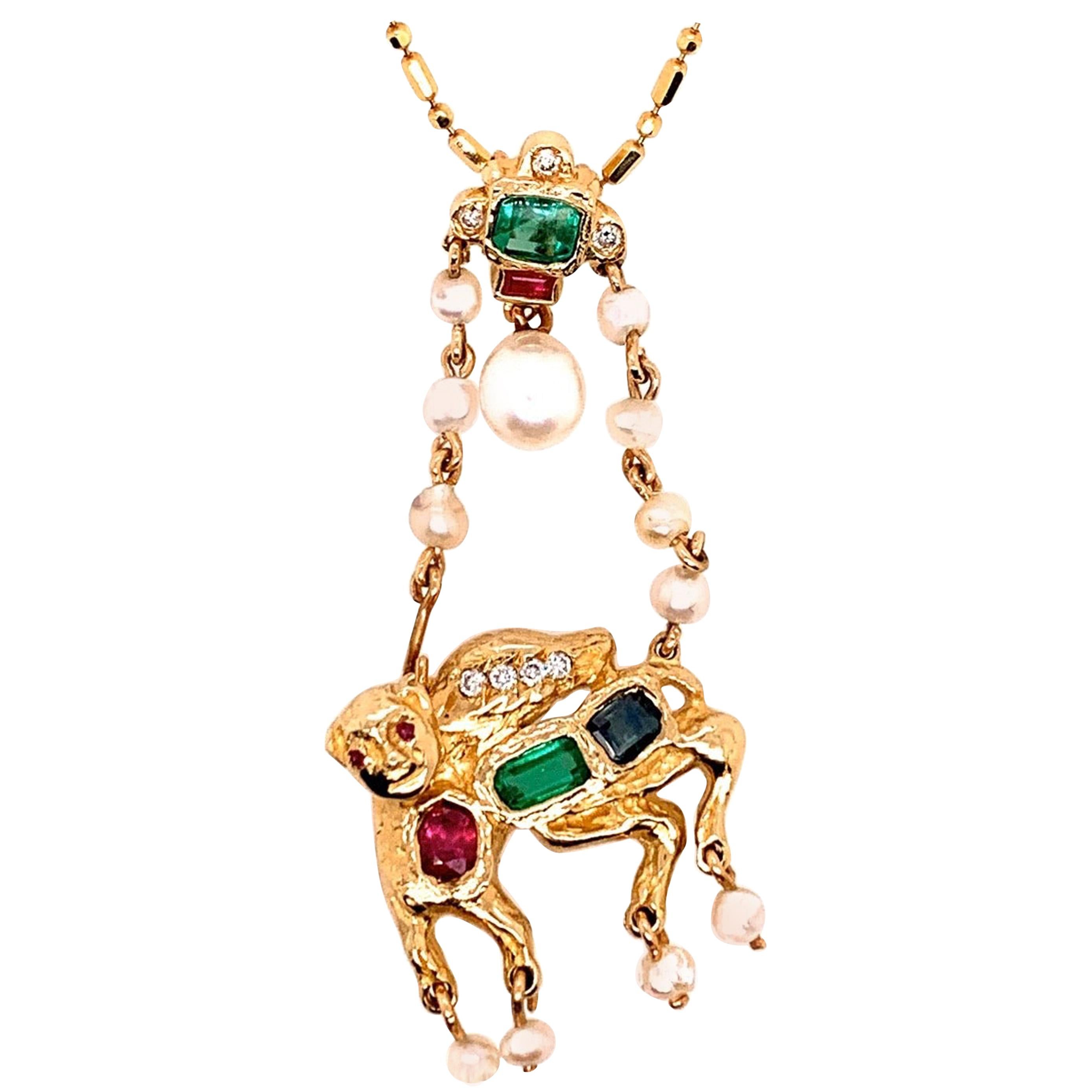 Pendentif rétro en or couleur camel avec diamant naturel de 1,75 carat, rubis, émeraude et saphir, 1960